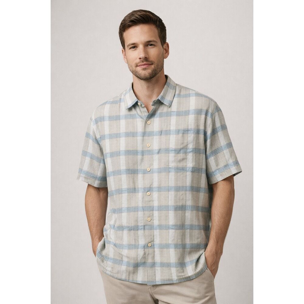 Tommy Bahama Silk Blend Plaid Shirt Mens XL Original Fit Blue